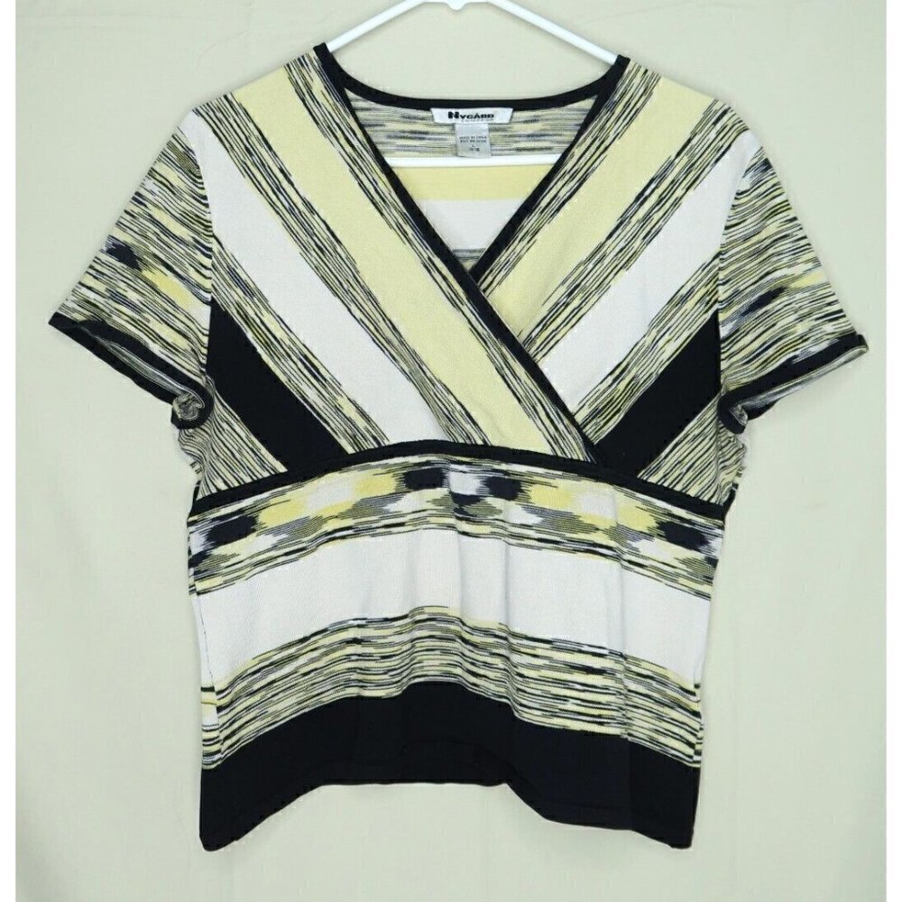 Nygard Collection Top Silk Blend Faux Wrap Yellow White Black Womens Size Large